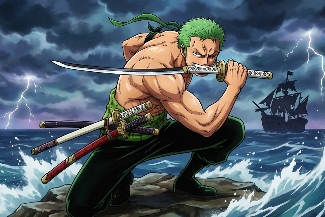 Roronoa Zoro con le sue tre spade leggendarie in posizione di combattimento - Maestro del Santoryu di One Piece