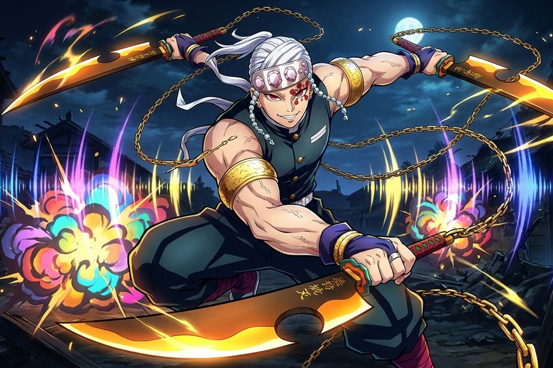 Tengen Uzui the Sound Hashira with dual Nichirin cleavers - Demon Slayer flamboyant