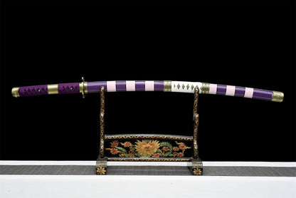 Vista posteriore della katana Nidai Kitetsu - spada completa con impugnatura viola e fodero nero