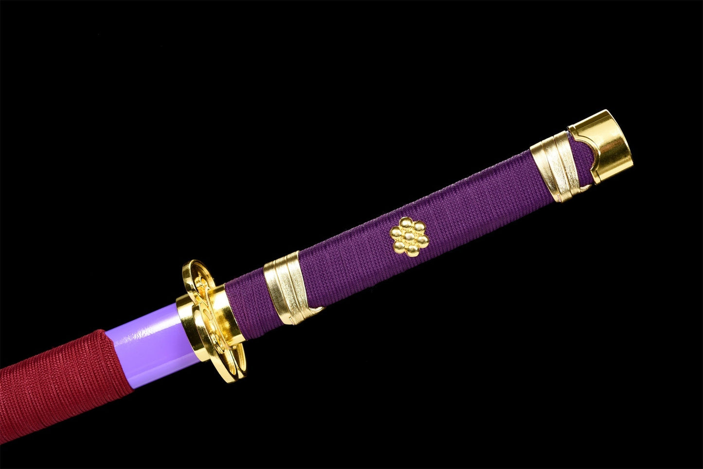 Manico della Katana Enma con avvolgimento ito nero e dettaglio sageo viola